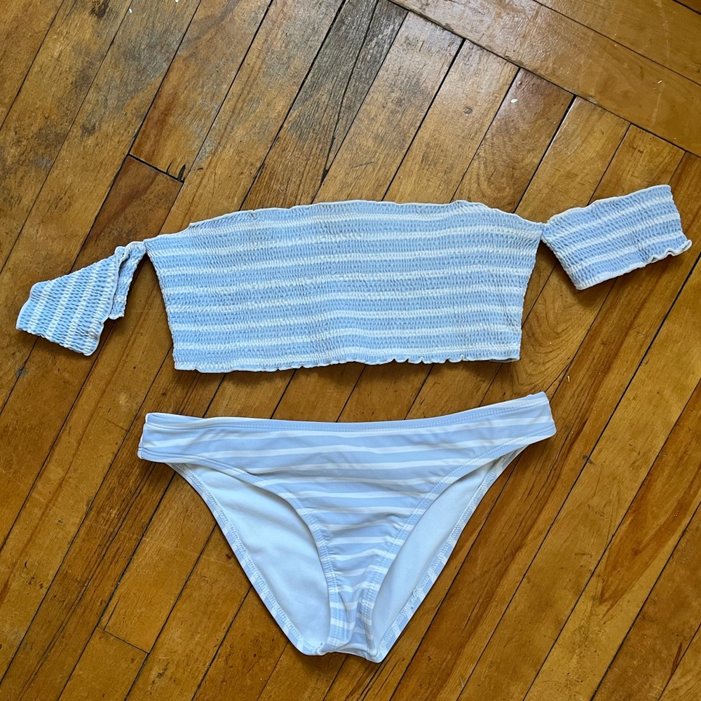LA Hearts Striped Off the Shoulder Ruched Bikini with Sleeves
